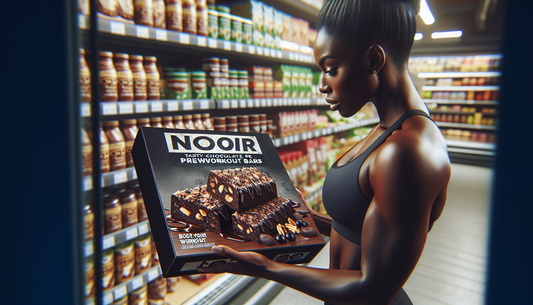 Visualize a scene where a shopper is standing in a supermarket aisle, examining a bright box of NOIR's Tasty Chocolate Preworkout Bars. The box is displaying an enticing image of the appetizing dark b