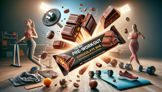 Imagine an enticing advertisement showcasing a new pre-workout chocolate bar that's designed to enhance your exercise routine. The scene includes a dynamic rendering of the chocolate bar, split open t
