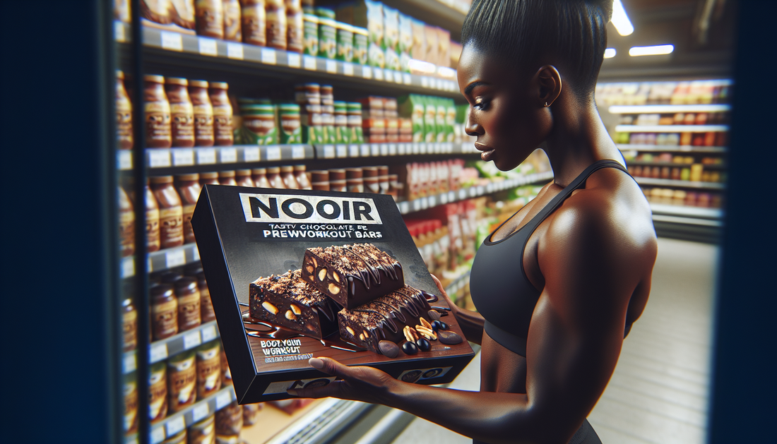 Visualize a scene where a shopper is standing in a supermarket aisle, examining a bright box of NOIR's Tasty Chocolate Preworkout Bars. The box is displaying an enticing image of the appetizing dark b