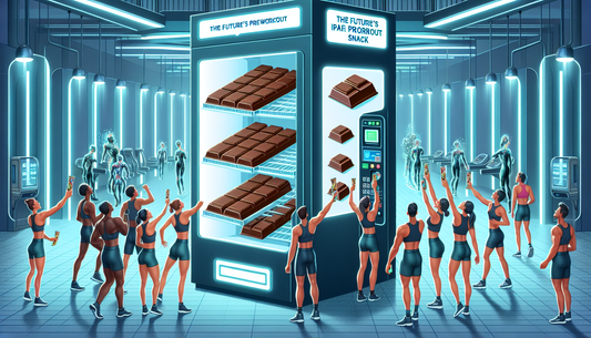 Illustrate a scene of a futuristic gym. In the corner is a vending machine dispensing shiny, rectangular chocolate bars. There is a digital sign on it saying 'The Future's Ideal Preworkout Snack.' Peo